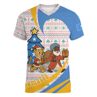 Somalia Christmas Women V-Neck T-Shirt with Santa Cheetah Christmas Tree Village Scene and Festive Snowflake - Wonder Print Shop