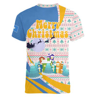 Somalia Christmas Women V-Neck T-Shirt with Santa Cheetah Christmas Tree Village Scene and Festive Snowflake - Wonder Print Shop