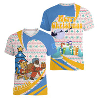 Somalia Christmas Women V-Neck T-Shirt with Santa Cheetah Christmas Tree Village Scene and Festive Snowflake - Wonder Print Shop