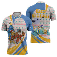 Somalia Christmas Zipper Polo Shirt with Santa Cheetah Christmas Tree Village Scene and Festive Snowflake - Wonder Print Shop