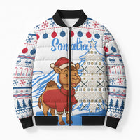 Somalia Christmas Bomber Puffer Jacket with Santa on Camel Christmas Tree Ornaments Candy Canes and Snowflake - Wonder Print Shop