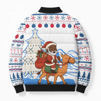 Somalia Christmas Bomber Puffer Jacket with Santa on Camel Christmas Tree Ornaments Candy Canes and Snowflake - Wonder Print Shop