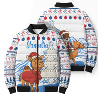 Somalia Christmas Bomber Puffer Jacket with Santa on Camel Christmas Tree Ornaments Candy Canes and Snowflake - Wonder Print Shop