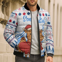 Somalia Christmas Bomber Puffer Jacket with Santa on Camel Christmas Tree Ornaments Candy Canes and Snowflake - Wonder Print Shop