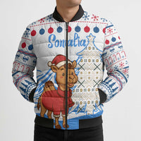 Somalia Christmas Bomber Puffer Jacket with Santa on Camel Christmas Tree Ornaments Candy Canes and Snowflake - Wonder Print Shop