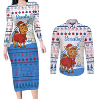 Somalia Christmas Couples Matching Long Sleeve Bodycon Dress and Long Sleeve Button Shirt with Santa on Camel Christmas Tree Ornaments Candy Canes and Snowflake - Wonder Print Shop