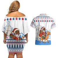 Somalia Christmas Couples Matching Off Shoulder Short Dress and Hawaiian Shirt with Santa on Camel Christmas Tree Ornaments Candy Canes and Snowflake - Wonder Print Shop