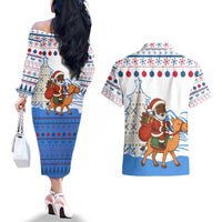Somalia Christmas Couples Matching Off The Shoulder Long Sleeve Dress and Hawaiian Shirt with Santa on Camel Christmas Tree Ornaments Candy Canes and Snowflake - Wonder Print Shop