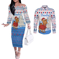 Somalia Christmas Couples Matching Off The Shoulder Long Sleeve Dress and Long Sleeve Button Shirt with Santa on Camel Christmas Tree Ornaments Candy Canes and Snowflake - Wonder Print Shop