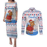 Somalia Christmas Couples Matching Puletasi and Long Sleeve Button Shirt with Santa on Camel Christmas Tree Ornaments Candy Canes and Snowflake - Wonder Print Shop