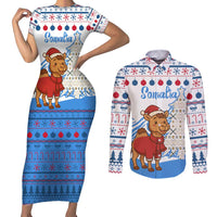 Somalia Christmas Couples Matching Short Sleeve Bodycon Dress and Long Sleeve Button Shirt with Santa on Camel Christmas Tree Ornaments Candy Canes and Snowflake - Wonder Print Shop