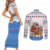 Somalia Christmas Couples Matching Short Sleeve Bodycon Dress and Long Sleeve Button Shirt with Santa on Camel Christmas Tree Ornaments Candy Canes and Snowflake - Wonder Print Shop