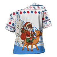 Somalia Christmas Cross Shoulder Shirt with Santa on Camel Christmas Tree Ornaments Candy Canes and Snowflake - Wonder Print Shop