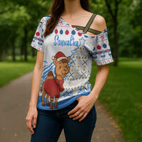 Somalia Christmas Cross Shoulder Shirt with Santa on Camel Christmas Tree Ornaments Candy Canes and Snowflake - Wonder Print Shop