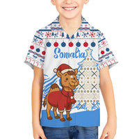 Somalia Christmas Kid Hawaiian Shirt with Santa on Camel Christmas Tree Ornaments Candy Canes and Snowflake - Wonder Print Shop