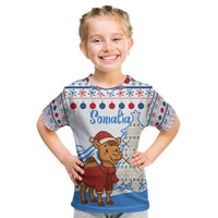 Somalia Christmas Kid T Shirt with Santa on Camel Christmas Tree Ornaments Candy Canes and Snowflake - Wonder Print Shop