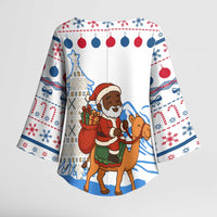 Somalia Christmas Kimono Sleeve Blouse with Santa on Camel Christmas Tree Ornaments Candy Canes and Snowflake - Wonder Print Shop