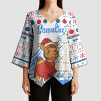 Somalia Christmas Kimono Sleeve Blouse with Santa on Camel Christmas Tree Ornaments Candy Canes and Snowflake - Wonder Print Shop