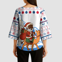 Somalia Christmas Kimono Sleeve Blouse with Santa on Camel Christmas Tree Ornaments Candy Canes and Snowflake - Wonder Print Shop