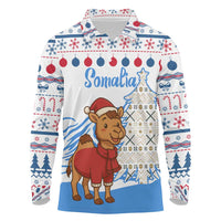 Somalia Christmas Long Sleeve Polo Shirt with Santa on Camel Christmas Tree Ornaments Candy Canes and Snowflake - Wonder Print Shop