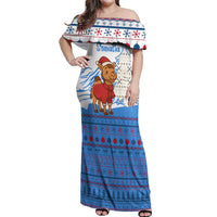 Somalia Christmas Off Shoulder Maxi Dress with Santa on Camel Christmas Tree Ornaments Candy Canes and Snowflake - Wonder Print Shop