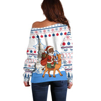 Somalia Christmas Off Shoulder Sweater with Santa on Camel Christmas Tree Ornaments Candy Canes and Snowflake - Wonder Print Shop