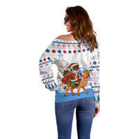 Somalia Christmas Off Shoulder Sweater with Santa on Camel Christmas Tree Ornaments Candy Canes and Snowflake - Wonder Print Shop