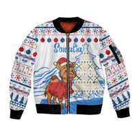 Somalia Christmas Sleeve Zip Bomber Jacket with Santa on Camel Christmas Tree Ornaments Candy Canes and Snowflake - Wonder Print Shop