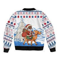 Somalia Christmas Sleeve Zip Bomber Jacket with Santa on Camel Christmas Tree Ornaments Candy Canes and Snowflake - Wonder Print Shop
