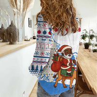 Somalia Christmas Women Casual Shirt with Santa on Camel Christmas Tree Ornaments Candy Canes and Snowflake - Wonder Print Shop