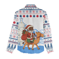 Somalia Christmas Women Casual Shirt with Santa on Camel Christmas Tree Ornaments Candy Canes and Snowflake - Wonder Print Shop