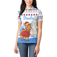 Somalia Christmas Women Polo Shirt with Santa on Camel Christmas Tree Ornaments Candy Canes and Snowflake - Wonder Print Shop
