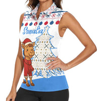 Somalia Christmas Women Sleeveless Polo Shirt with Santa on Camel Christmas Tree Ornaments Candy Canes and Snowflake - Wonder Print Shop