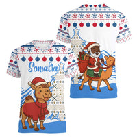 Somalia Christmas Women V-Neck T-Shirt with Santa on Camel Christmas Tree Ornaments Candy Canes and Snowflake - Wonder Print Shop
