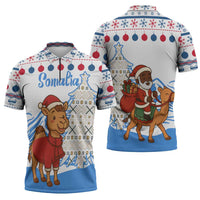 Somalia Christmas Zipper Polo Shirt with Santa on Camel Christmas Tree Ornaments Candy Canes and Snowflake - Wonder Print Shop
