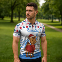 Somalia Christmas Zipper Polo Shirt with Santa on Camel Christmas Tree Ornaments Candy Canes and Snowflake - Wonder Print Shop
