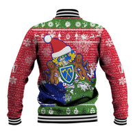 Gambia Christmas Baseball Jacket with Santa Hippo National Coat of Arms Snowflakes and Festive Holiday - Wonder Print Shop