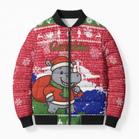 Gambia Christmas Bomber Puffer Jacket with Santa Hippo National Coat of Arms Snowflakes and Festive Holiday - Wonder Print Shop