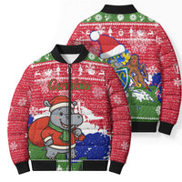 Gambia Christmas Bomber Puffer Jacket with Santa Hippo National Coat of Arms Snowflakes and Festive Holiday - Wonder Print Shop