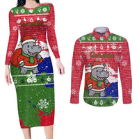 Gambia Christmas Couples Matching Long Sleeve Bodycon Dress and Long Sleeve Button Shirt with Santa Hippo National Coat of Arms Snowflakes and Festive Holiday - Wonder Print Shop