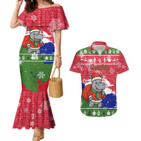 Gambia Christmas Couples Matching Mermaid Dress and Hawaiian Shirt with Santa Hippo National Coat of Arms Snowflakes and Festive Holiday - Wonder Print Shop