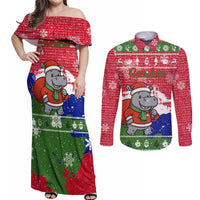 Gambia Christmas Couples Matching Off Shoulder Maxi Dress and Long Sleeve Button Shirt with Santa Hippo National Coat of Arms Snowflakes and Festive Holiday - Wonder Print Shop