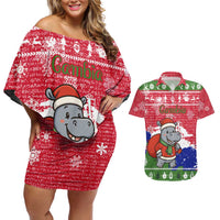 Gambia Christmas Couples Matching Off Shoulder Short Dress and Hawaiian Shirt with Santa Hippo National Coat of Arms Snowflakes and Festive Holiday - Wonder Print Shop