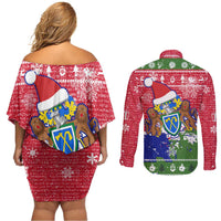 Gambia Christmas Couples Matching Off Shoulder Short Dress and Long Sleeve Button Shirt with Santa Hippo National Coat of Arms Snowflakes and Festive Holiday - Wonder Print Shop
