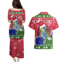 Gambia Christmas Couples Matching Puletasi and Hawaiian Shirt with Santa Hippo National Coat of Arms Snowflakes and Festive Holiday - Wonder Print Shop