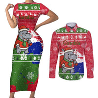 Gambia Christmas Couples Matching Short Sleeve Bodycon Dress and Long Sleeve Button Shirt with Santa Hippo National Coat of Arms Snowflakes and Festive Holiday - Wonder Print Shop