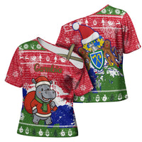 Gambia Christmas Cross Shoulder Shirt with Santa Hippo National Coat of Arms Snowflakes and Festive Holiday - Wonder Print Shop
