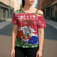 Gambia Christmas Cross Shoulder Shirt with Santa Hippo National Coat of Arms Snowflakes and Festive Holiday - Wonder Print Shop