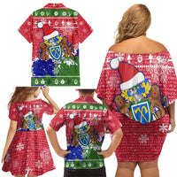 Gambia Christmas Family Matching Off Shoulder Short Dress and Hawaiian Shirt with Santa Hippo National Coat of Arms Snowflakes and Festive Holiday - Wonder Print Shop