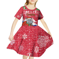 Gambia Christmas Kid Short Sleeve Dress with Santa Hippo National Coat of Arms Snowflakes and Festive Holiday - Wonder Print Shop